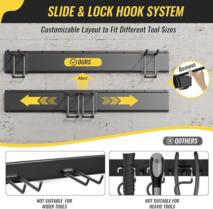 Garage Tool Rack Wall Mount – 48 inches Heavy-Duty Garden Tool Holder with 6 Adjustable Hanging Hooks – Garage Wall Storage Organizer for Shovel, Rake – Max Load 540 lbs (48 inch)