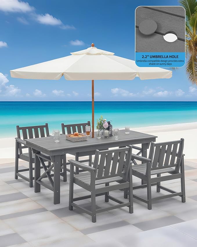 QUASCO Outdoor Patio Dining Set, 5-Piece Rectangular HDPE Dining Table with Umbrella Hole and 4 Chairs, Modern Patio Furniture Dining Sets for Poolside, Deck and Garden, Gray