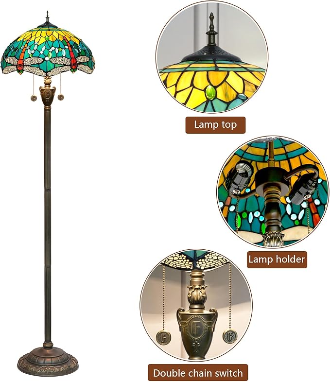 Tiffany Floor lamp Stained Glass Lamps for Living Room Bedroom Office Rustic Corner Standing Tall Vintage Light Kids Unique Pulling Chain Green Dragonfly Style Lighting