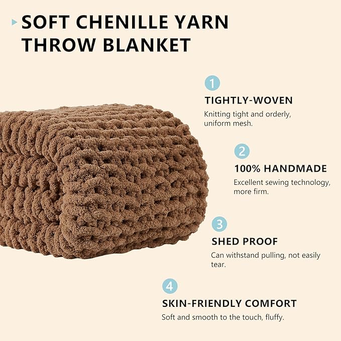 L'AGRATY Chunky Knit Blanket Throw - Soft Chunky Throw Blanket 30x40 inches: 100% Hand Kintted Chenile Crochet Throw Blanket for Couch - Large Cable Knit Chunky Blanket for Home Decor(Brown)