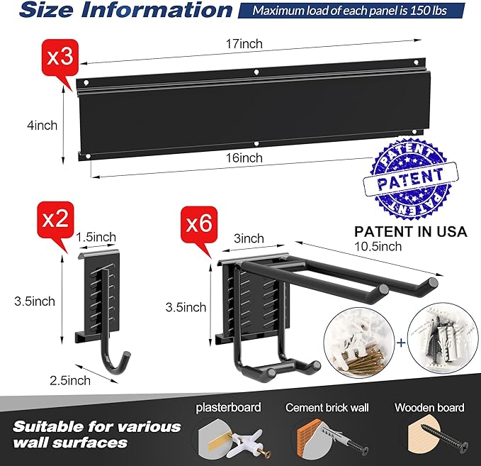 Storaboks Heavy Duty Garage Storage Rack System, Wall Mounted Tool Organizer with 8 Double Hooks, 3 Rails, Garden Yard Tools Hanger for Ski Gears, Broom, Rake, Shovel