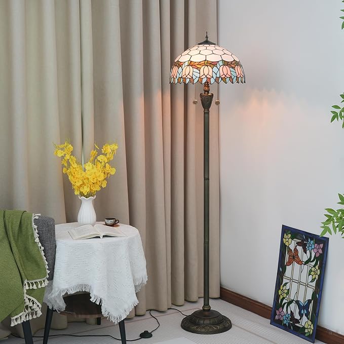 Tiffany Floor Lamp Pink Tulip Style Stained Glass Lamp Bright Lighting Rustic Standing Floor Lamp 16X16X64 Inches Vintage Unique Bronze Reading Corner Lamp for Home Decor Living Room Bedroom