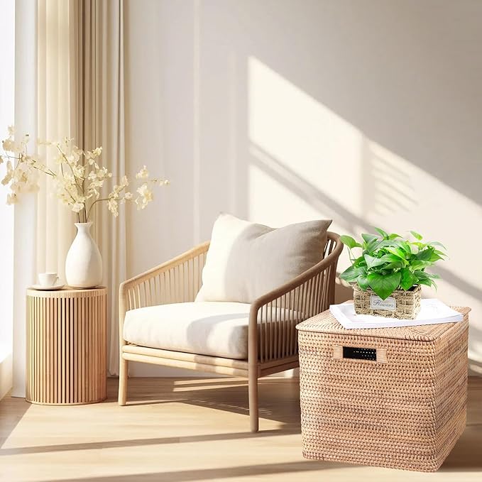 Rattan Basket With Lid, Large Lidded Basket For Storage (15.75" L×15.75"W×11.81"H)