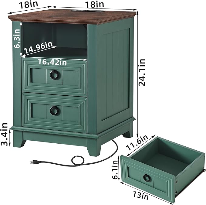 18" Farmhouse Night Stands Set of 2 with Charging Station, 2 Drawers Bedside End Table, Green Wooden Nightstand, Bed Side Table Cabinet with Open Shelf for Bedroom Living Room Office