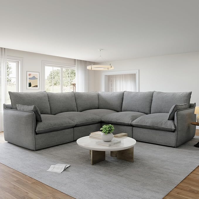 Cloud Sectional Sofa for Living Room,High Backrest Down Filled Spill & Stain-Resistant Couch,5 Seater Oversized Modular V-Shaped Couches,Detachable Couch Cushion Covers,Dark Grey