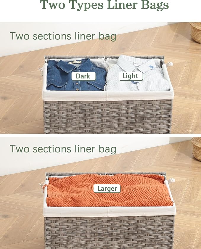 Storage Basket with Lid Wicker Baskets for Storage with 2 Separate Lid 42.3 Gallon (160 L) 29.9 x 17.3 x 18.1 Inches Rattan Woven Large Wicker Basket with 2 Liners for Bedroom Laundry Gray
