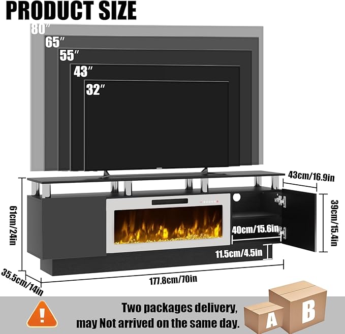 70" Modern Fireplace TV Stand with 36" Electric Fireplace for TVs Up to 80 inch, Luxury LED Light Entertainment Center with High Gloss Cabinet (Black + Silver Posts with White Fireplace)