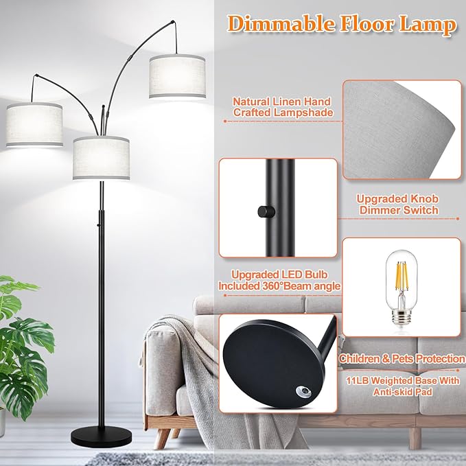 Dimmable Floor Lamp, 3 Lights Arc Floor Lamps for Living Room, Modern Tall Standing Tree Lamp with Gray Linen Shade & Heavy Base, Large Floor Lamp for Bedroom Office, 3x1000 LM LED Bulbs Included