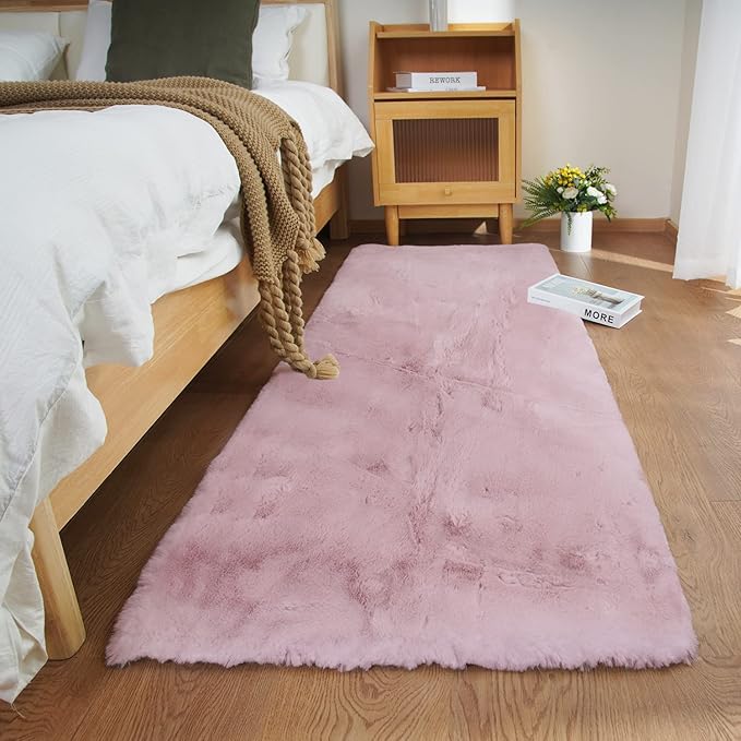 Ghouse Ultra Soft Faux Rabbit Fur Rug, Machine Washable Area Rugs for Bedroom Fluffy Rugs for Living Room, No-Shedding Carpet Sheepskin Runner Rugs Pink 2 x 8 Feet