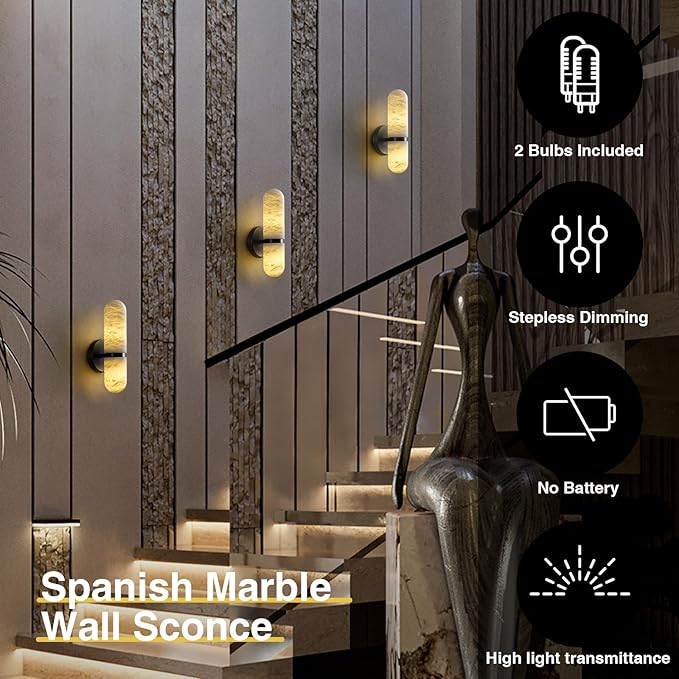 Alabaster Wall Sconces, 13" Black Wall Sconce, Modern Bathroom Sconces Lighting, Black Spanish Natural Marble Sconce for Living Room, Bedroom, Stairs, Hallway 2PC