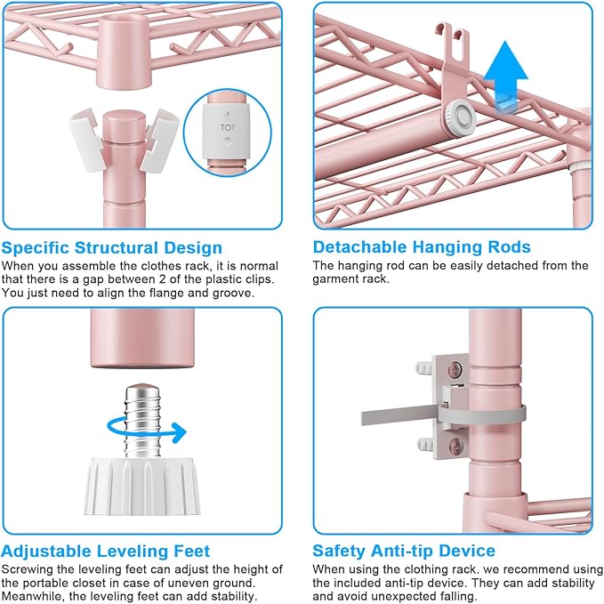 Ulif E10 Clothes Rack（With Stretchable Hanger Rod）Freestanding Clothing Racks for Hanging Clothes，Adjustable Closet Organizer System，Portable Garment Rack 73-97"W x 15" D x 72" H，Max Load 800LBS，Pink