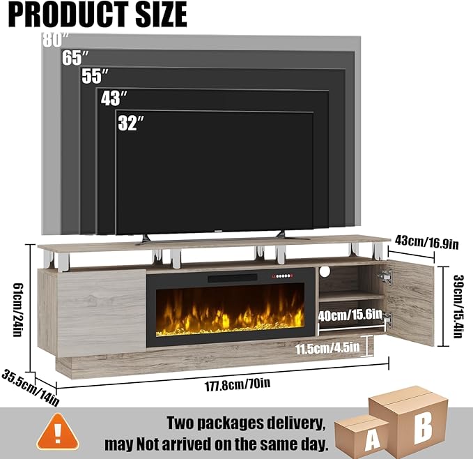 70" Modern Fireplace TV Stand with 36" Electric Fireplace for TVs Up to 80 inch, Luxury LED Light Entertainment Center with High Gloss Cabinet, TV Consoles for Living Room, Grey