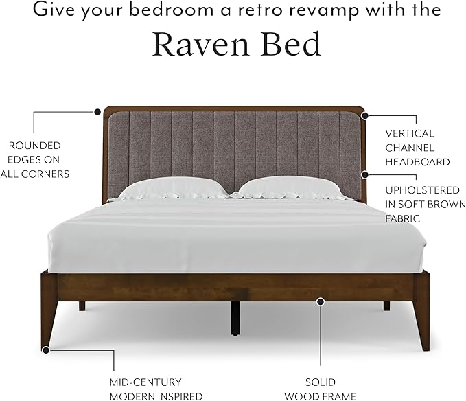 DG Casa Raven Solid Wood King Size Bed Frame - Mid Century Modern Style, Platform with Tufted Upholstered Adjustable Height Headboard, No Box Spring Required, Walnut Finish, Brown Fabric