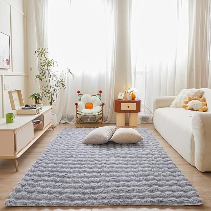 Gray Rabbit Plush Area Rug for Bedroom Living Room Sofa,3'X5' Faux Fur Fluffy Shaggy Rectangular Square Rug for Kids Teen Girls Room,Furry Carpet Rug for Nursery Baby Room Decor for Teenage