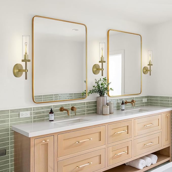 Brass knurled Wall Sconces Set of Two, 14" Sconces Wall Lighting Indoors, Gold Bathroom Vanity Wall Sconces, Wall Lights for Living Room Bedroom Hallway Kitchen Bathroom Mirror Including Bulb