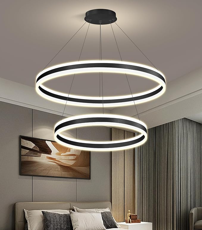 D23.6''+31.5'' Modern Ring Chandelier for Dining Room LED Dimmable Pendant Lighting High Ceiling Chandelier for Living Room Foyer Bedroom Entryway 3000K-6000K Black