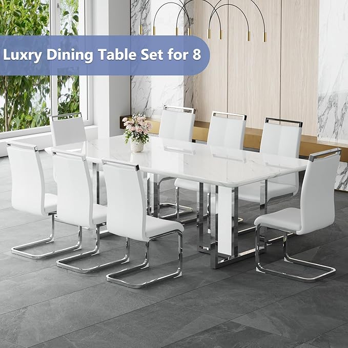 JUFU Dining Room Table Set for 8, Dining Set for 8 with 79'' Faux Marble Tabletop and Sturdy T-Shape Leg, White Rectangle Dining Room Set for 8 PU Chairs, Perfect for Dining Room and Kitchen