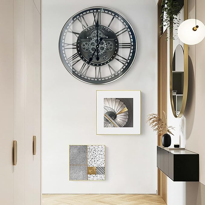 DORBOKER Real Moving Gears Wall Clock Large Modern Metal Clocks for Living Room Decor, Industrial Steampunk Unique Vintage Rustic Decorative Clock for Home Farmhouse Office, 27.6 Inch,Gunmetal Roman