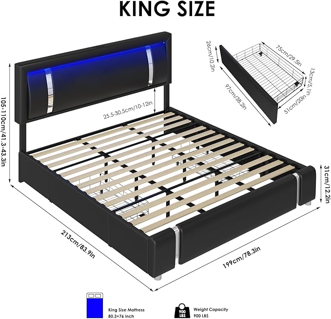 Keyluv King Size Bed Frame with RGB LED Lights & 2 Storage Drawers, Modern Upholstered Platform Bed with Iron Metal Decor, USB Charging Ports, Black