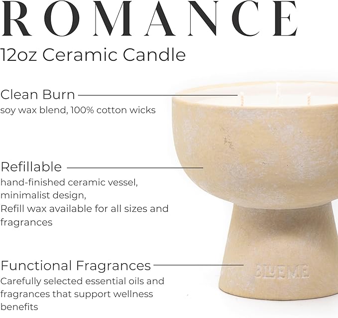 BLUEME Romance - Oakmoss & Sandalwood, Luxury Candle w/Essential Oils, 3 Wick, Hand-Poured Soy, Cotton Wick, Ceramic