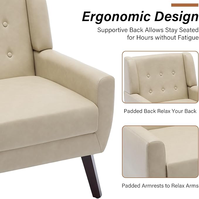 Accent Chair, Modern Faux Leather Armchair for Living Room, Comfy Upholstered Arm Chair Tufted for Indoor Bedroom Office Room (P Cream)