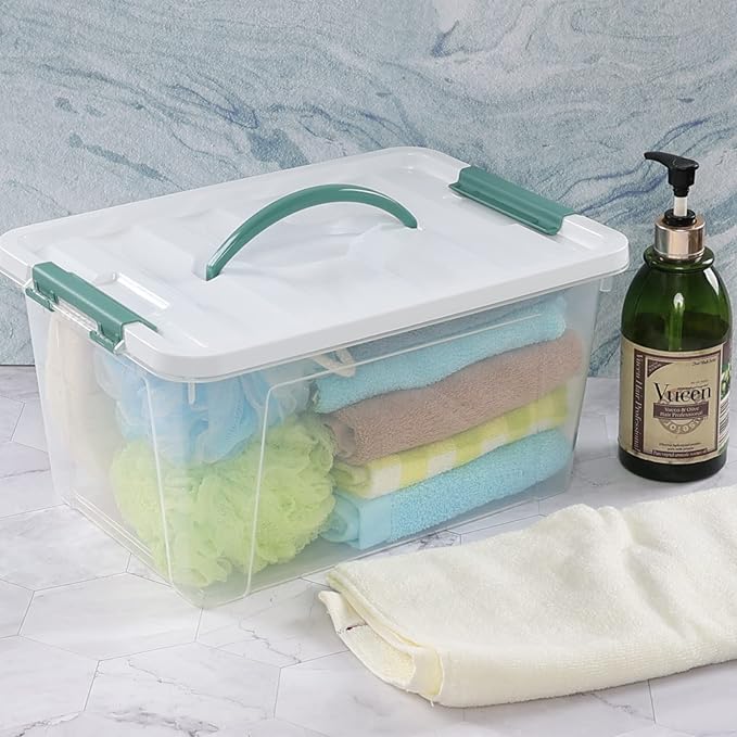 Pekky 14 Quart Plastic Lidded Storage Bins Set of 8, Clear Latching Storage Box with Handle