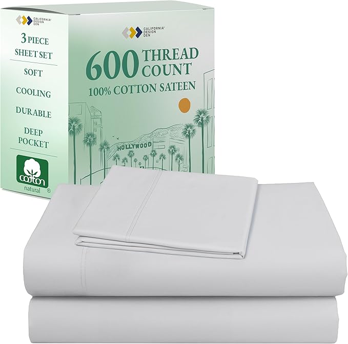 California Design Den Twin XL Bed Sheets Set - Luxury 600 Thread Count Sateen, Natural 100% Cotton Bedding Sheets & Pillowcases, Durable Fully Elasticized Deep Pocket Set for Dorm Room - Light Silver