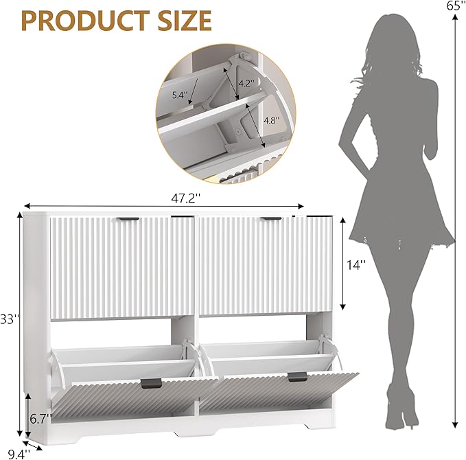 Shoe Cabinet Storage for Entryway with 4 Flip Drawers, White Fluted Shoe Cabinet with Adjustable Shelves, Wooden Hidden Shoes Rack Freestanding Narrow Slim Shoes Storage for Hallway, Entrance