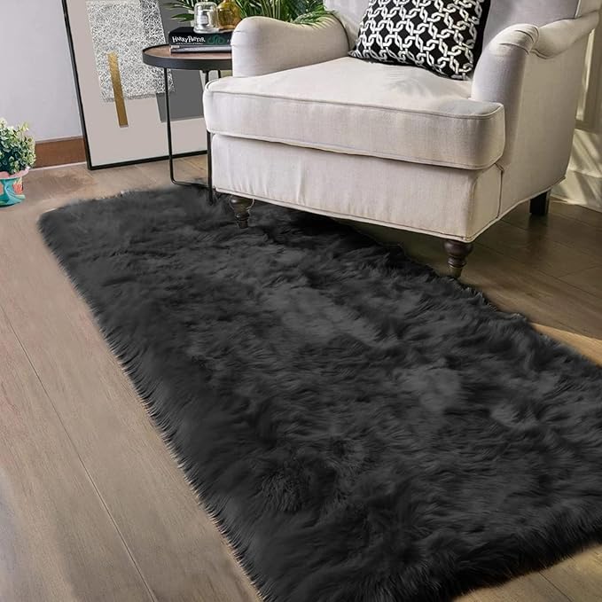 Latepis Black Runner 2x5 Washable Rug Faux Sheepskin Bedroom Rug Soft Fluffy Fur Rugs for Sofa Cover Cushion Runner Room Décor, Runner