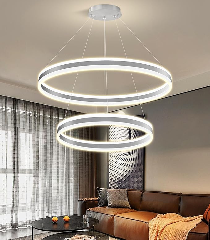 D23.6''+31.5'' Modern Ring Chandelier for Dining Room LED Dimmable Pendant Lighting High Ceiling Chandelier for Living Room Foyer Bedroom Entryway 3000K-6000K Silver