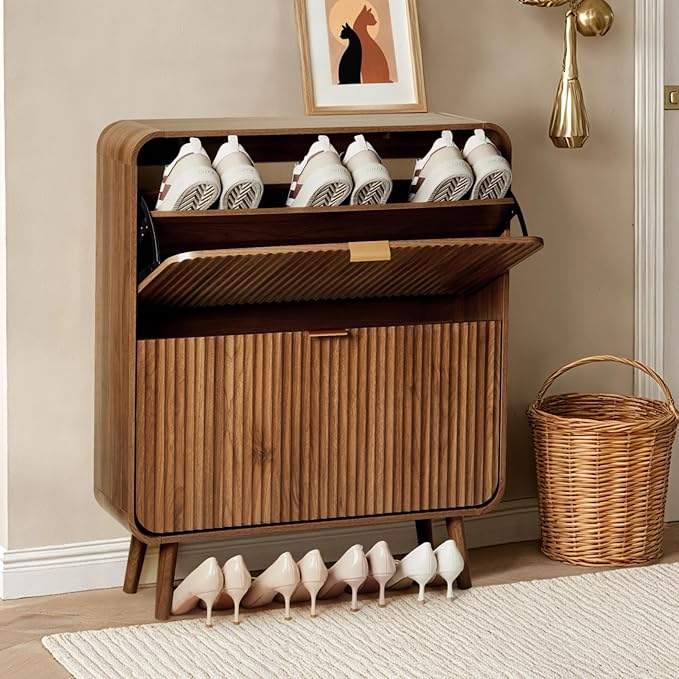 31.5" Fluted Shoe Cabinet with 2 Flip Drawers, Slim Freestanding Shoe Cabinet Organizer, Narrow Shoes Storage Rack for Entryway, 4 Sturdy Legs (Dark Walnut)