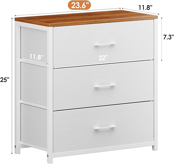 Nightstand,Farmhouse Night stand with 3 Storage Drawer,Small Dresser for Bedroom,Chest of Drawers Fabric Dressers with Steel Frame,Wooden Top Front Bedside Table for Small Space,White+walnut