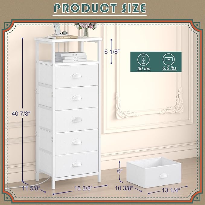 Nightstand with Charging Station,LED White Nightstands with 5 Fabric Drawers PU Finish, Bedside End Tables, 2-Tier Open Storage Shelf Side Table Nightstand with Drawers for Bedroom,White