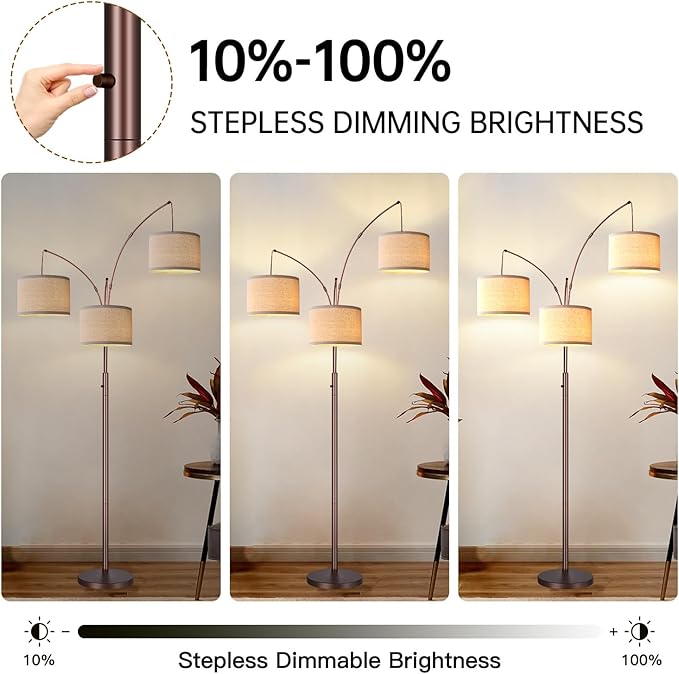 Dimmable Floor Lamp, 3 Lights Brown Arc Floor Lamps for Living Room, Modern Tall Standing Tree Lamp with Beige Linen Shade & Heavy Base, Large Floor Lamp for Bedroom Office, 3x1000 LM Bulbs Included