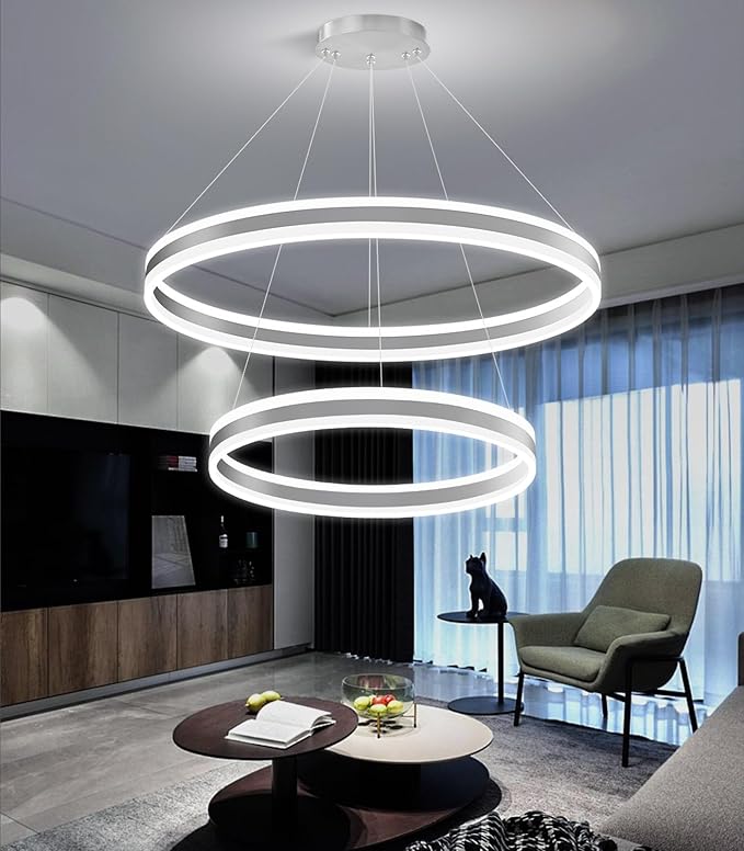 D23.6''+31.5'' Modern Ring Chandelier for Dining Room LED Dimmable Pendant Lighting High Ceiling Chandelier for Living Room Foyer Bedroom Entryway 3000K-6000K Silver