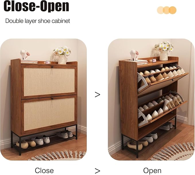 Narrow Shoe Cabinet with 2 Flip Drawers, Freestanding Shoe Organizer with Linen Doors, Slim Shoe Storage Cabinet Storage, Wooden Closed Shoe Rack for Entryway, Hallway, Living Room (Walnut)