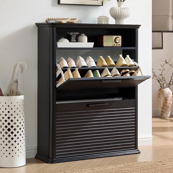 Okvnbjk Fluted Narrow Shoe Cabinet with 2 Flip Drawers, Shoe Storage Cabinet with Open Storage & Curved Profile Design, Wood Shoes Rack for Entryway, Hallway, Foyer, Black