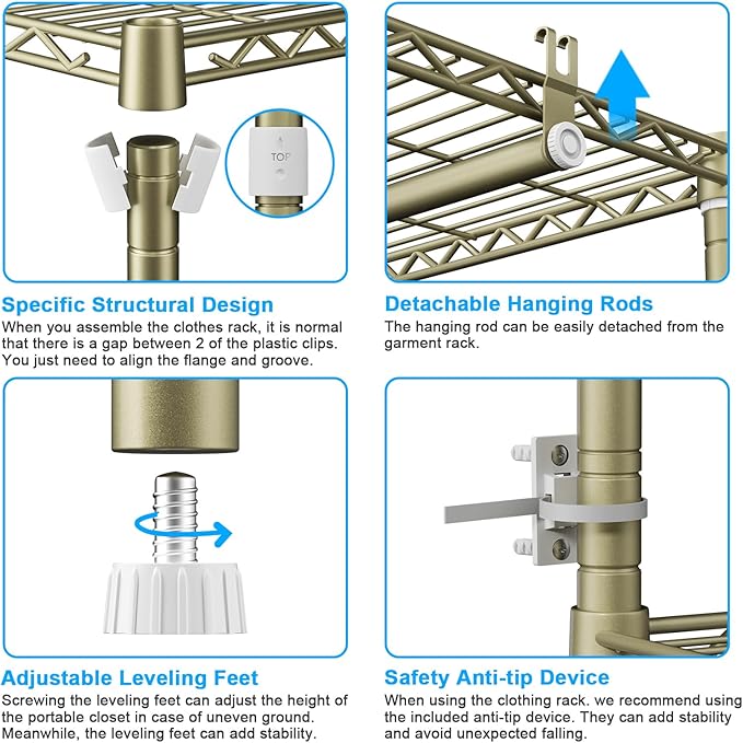 Ulif E10 Clothes Rack（With Stretchable Hanger Rod）Freestanding Clothing Racks for Hanging Clothes，Adjustable Closet Organizer System，Portable Garment Rack 73-97"W x 15" D x 72" H，Max Load 800LBS，Gold