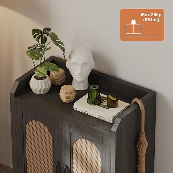 Shoe Cabinet Storage for Entryway, Natural Rattan Shoes Cupboard, Wooden Shoe Rack with Doors and Shelves, Farmhouse Boho Wood Shoe Organizer Cabinet for Hallway Black