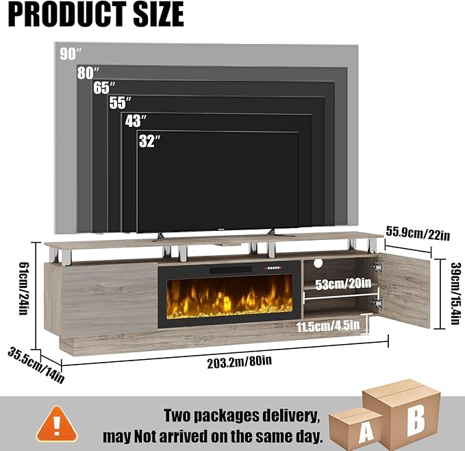 80" Modern Fireplace TV Stand with 36" Electric Fireplace for TVs Up to 90 inch, Luxury LED Light Entertainment Center with High Gloss Cabinet, TV Consoles for Living Room, Grey