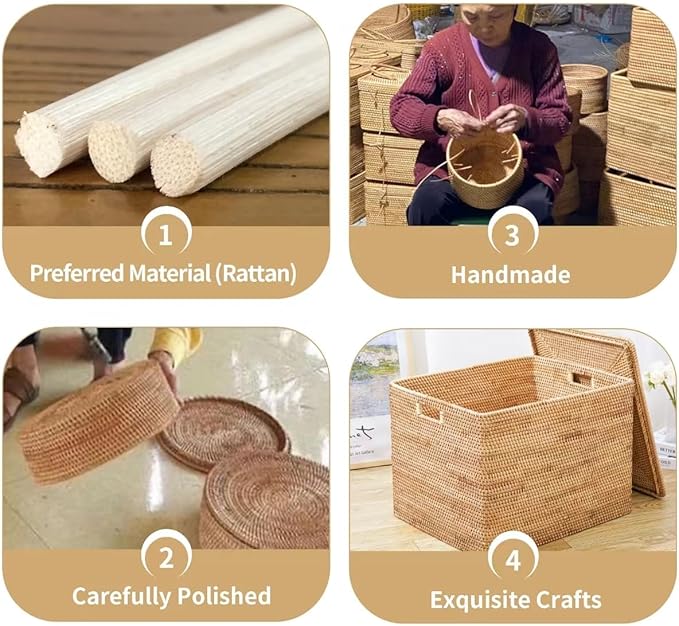 Rattan Basket With Lid, Large Lidded Basket For Storage(17.8" L×13.8"W×7.8"H)