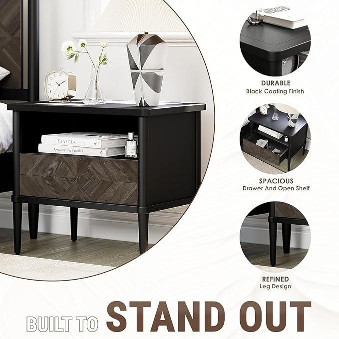 Lenia King Bed Frame with 2 Matching Nightstands – Modern Wood Platform Bed Set, Chevron Diamond Design, No Box Spring Needed, Slatted Support, Mocha Finish (Mocha Black, King)