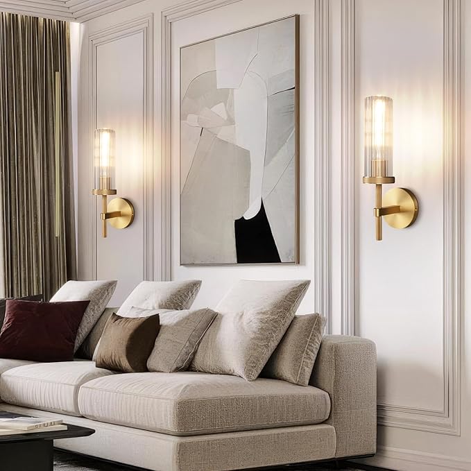 15" Knurled Brass Wall Sconces Set of 2, Gold Bathroom Vanity Light Fixtures with Vertical Striped Glass Tube, Modern Lamp Lighting for Bedroom, Living Room, Hallway, Staircase, Mirror, Kitchen