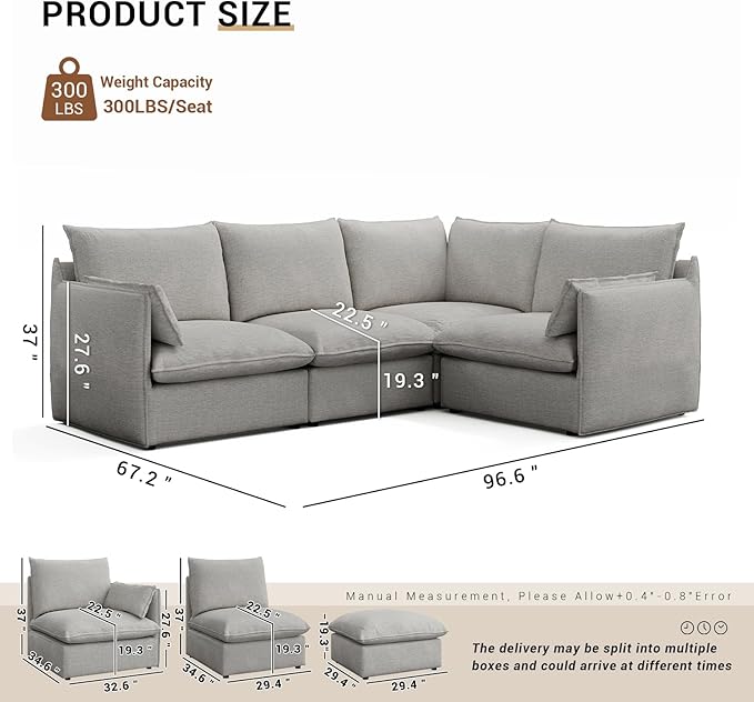 Cloud Sectional Couches for Living Room, Convertible Cloud Sofa Spill & Stain-Resistant with Removable Washable Cover & Down Feather Filled Cushions, 4 Seater V-Shaped Modular Sectional Sofa
