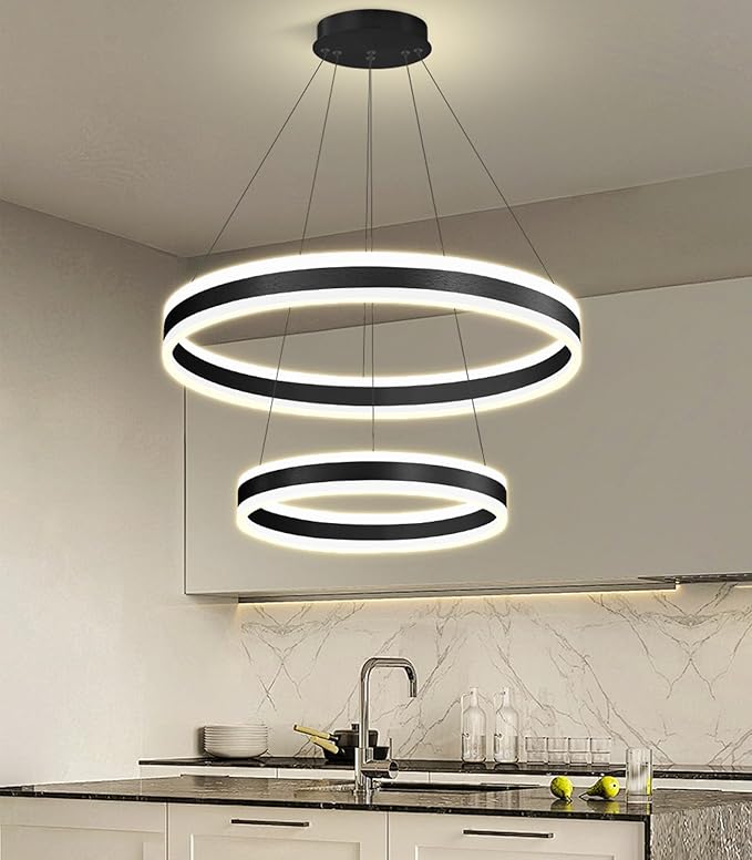 D15.7''+23.6'' Modern Ring Chandelier for Dining Room LED Dimmable Pendant Lighting Chandelier for Living Room Foyer Bedroom Entryway 3000K-6000K Black