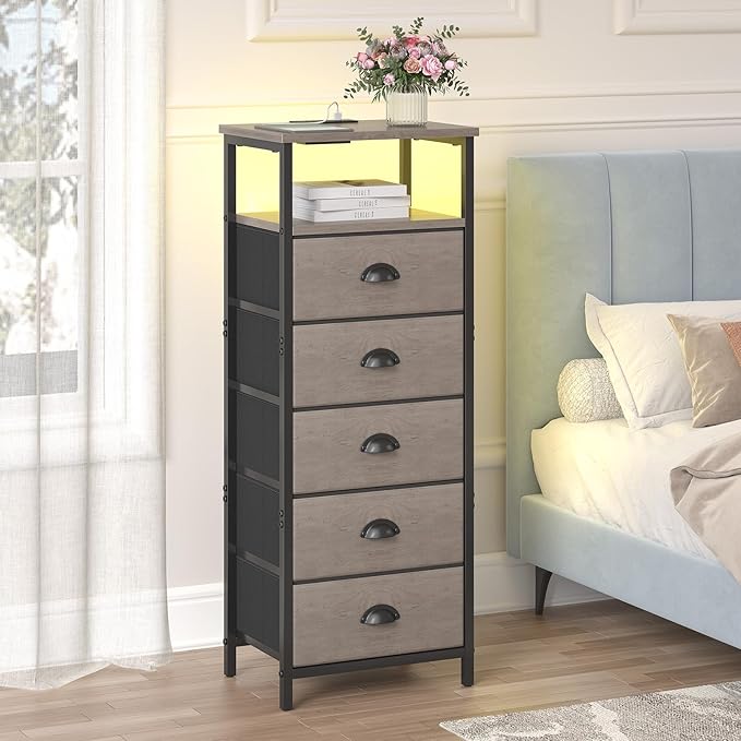 Nightstand with Charging Station,LED Grey Nightstand with 5 Fabric Drawers, Bedside End Tables, 2-Tier Open Storage Shelf Side Table Nightstand with Drawers for Bedroom, Grey