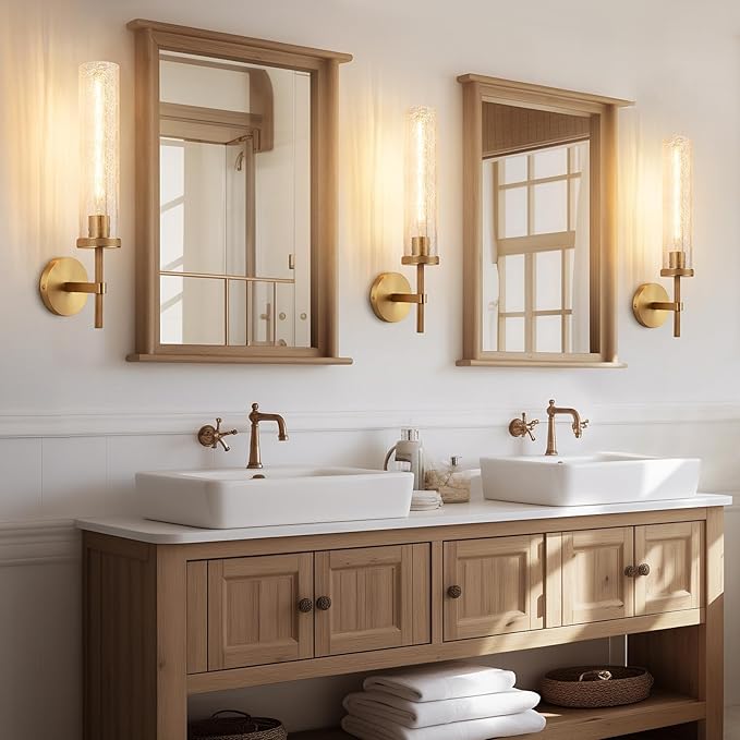 19.5" Knurled Brass Wall Sconces Set of 2, Gold Bathroom Vanity Light Fixtures with Crackle Glass Tube, Modern Lamp Lighting for Bedroom, Living Room, Hallway, Staircase, Mirror, Kitchen