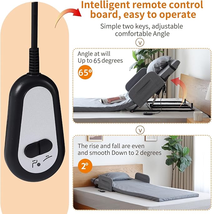 Adjustable Electric Bed Support Frame, Gray, Steel, 330lb Capacity, Remote Control, 65-Degree Tilt, Motor Drive,Portable Lift Mattress