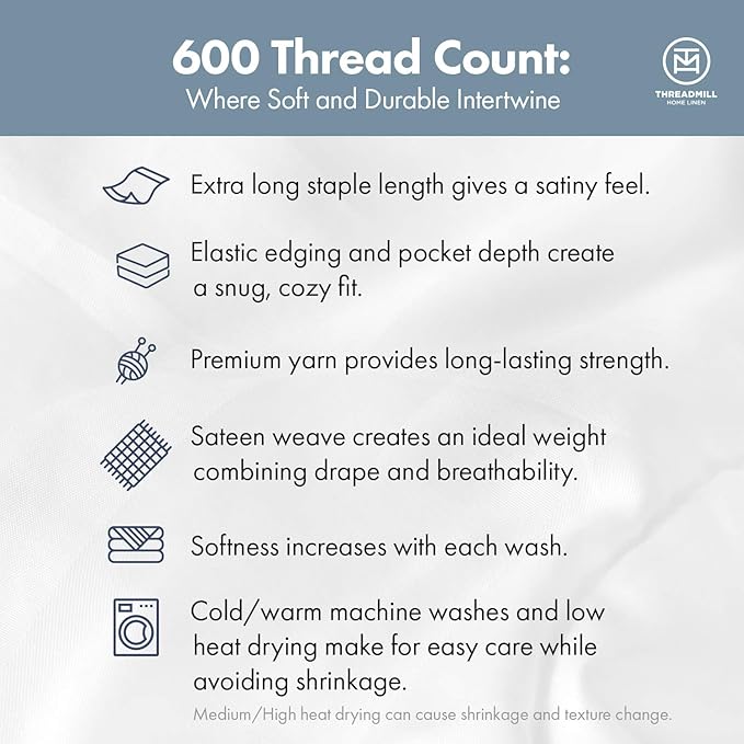 Threadmill 100% Cotton Sheets for Full Size Bed - 600 Thread Count Full Bed Sheets Set with 16” Deep Pocket - Damask Stripe Sateen Weave 4-Piece Bedding Set with Cooling Effect, Moonrock Grey
