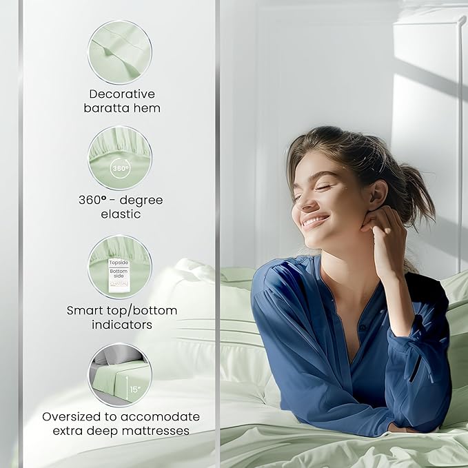 100% Cotton Bed Sheets- 1000 Thread Count Bedding Sheet & Pillowcase Sets, Hotel Luxury Sheets Queen Size, Soft Breathable Sateen Weave, 15" Deep Pocket Queen Sheet Set - Mineral